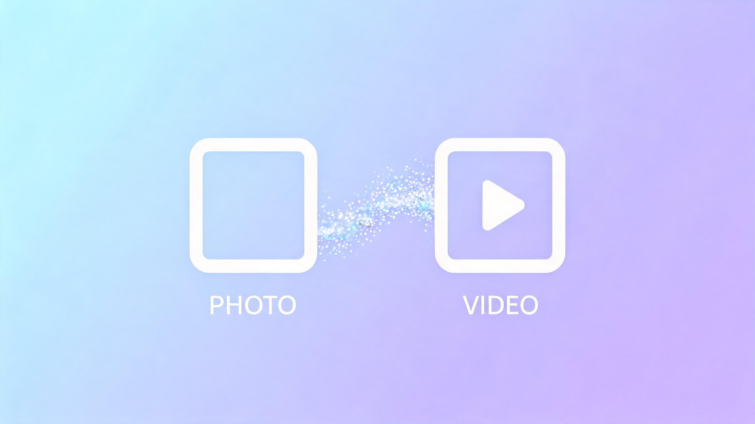 Minimal tech blog banner showing image transforming to AI video, for AI video model comparison guide on VOKOO